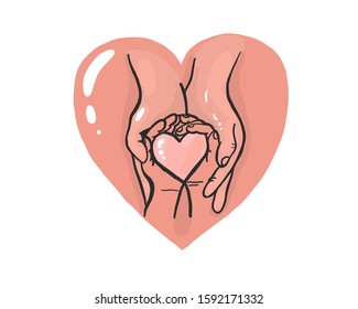 vector illustration of an element of the family, a large and a small heart in his hands, the palm of the child in the mother's arms