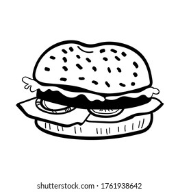 Vector illustration element  with humburger in doodle style. Hand drawn food. Icon, symbol, logo. barbecue. 
