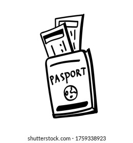 Vector Illustration Element Pasport With Ticket In Doodle Style. Hand Drawn. Icon, Symbol, Logo