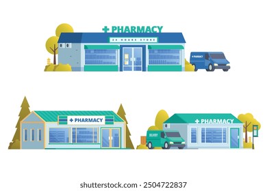 Elemento de Ilustración vectorial del edificio de la tienda de farmacia, estilo de diseño plano de la tienda de drogas