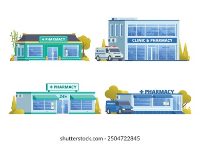 Vector illustration element of pharmacy store building, drugs shop flat design style