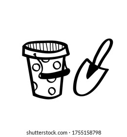 Vector illustration element sand baket and scoop  in doodle style. Hand drawn. Icon, symbol, logo