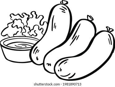 Elemento de ilustración vectorial con salchicha en estilo doodle. Alimentos dibujados a mano. Icono, símbolo, logotipo. ingrediente para cocinar. Ilustración del vector