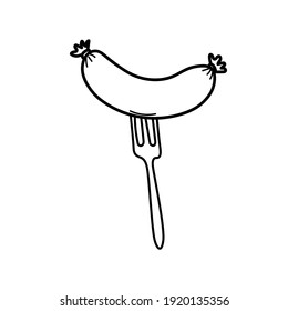 Vector illustration element  with 
sausage on a fork in doodle style. Hand drawn food. Icon, symbol, logo. ingredient for cook.