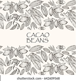 Vector illustration. Element of seamless pattern. Hand drawn cacao beans and cacao tree leafs