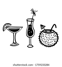 Vector illustration element tropical coctail  in doodle style. Hand drawn. Icon, symbol, logo