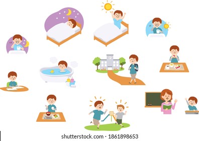 Vector illustration of elementary school boy lifestyle