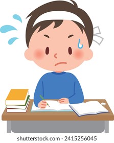 Vector illustration of an elementary school boy studying with a serious expression.