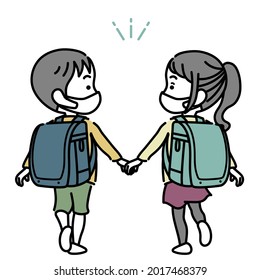 Vector illustration of elementary school boys and girls wearing surgical masks carrying new school bags
