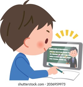 Ilustración vectorial de los escolares de primaria tomando clases en línea en una tableta.
