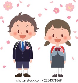 A vector illustration of elementary school boys and girls carrying school bags under the cherry blossoms.