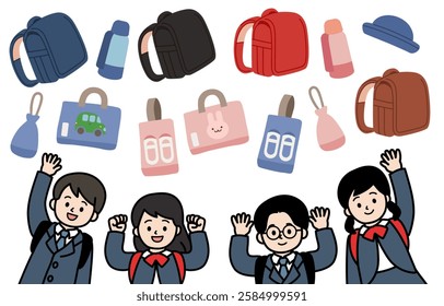 Vector illustration of elementary school children and preparation for school