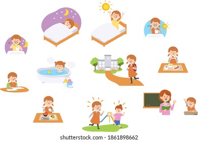 Vector illustration of elementary school girl lifestyle