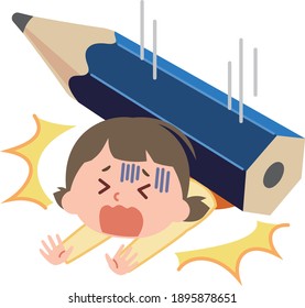 Vector illustration of an elementary school girl who stumbles on studying.