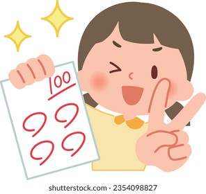 Vector illustration of an elementary school student who gets a perfect score on a test.