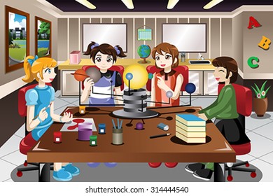 A vector illustration of elementary school students working on solar system project