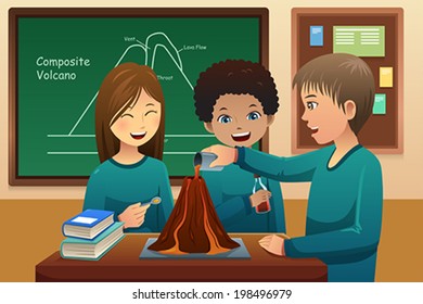 A Vector Illustration Of Elementary Students Doing A Volcano Experiment At School