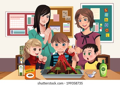 A Vector Illustration Of Elementary Students Doing A Volcano Experiment At School