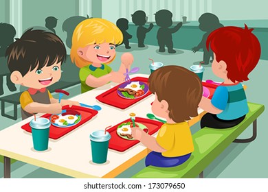 Uma ilustração vetorial de estudantes do ensino fundamental almoçando na cafeteria