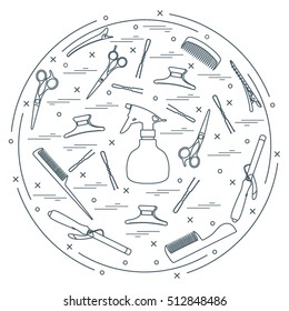 Vector illustration elements arranged in a circle: curling iron, hairclip, combs, pins, barrettes, scissors, sprayer. Design element for postcard, banner, flyer, poster or print. 