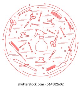 Vector illustration elements arranged in a circle: curling iron, hairclip, combs, pins, barrettes, scissors, sprayer. Design element for postcard, banner, flyer, poster or print. 