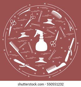 Vector illustration elements arranged in a circle: curling iron, hairclip, combs, pins, barrettes, scissors, sprayer. Design element for postcard, banner, flyer, poster or print. 