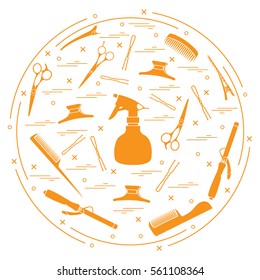 Vector illustration elements arranged in a circle: curling iron, hairclip, combs, pins, barrettes, scissors, sprayer. Design element for postcard, banner, flyer, poster or print. 