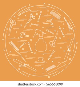 Vector illustration elements arranged in a circle: curling iron, hairclip, combs, pins, barrettes, scissors, sprayer. Design element for postcard, banner, flyer, poster or print. 