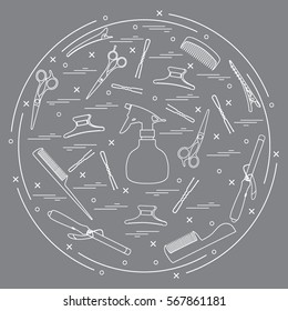 Vector illustration elements arranged in a circle: curling iron, hairclip, combs, pins, barrettes, scissors, sprayer. Design element for postcard, banner, flyer, poster or print. 