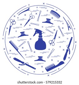 Vector illustration elements arranged in a circle: curling iron, hairclip, combs, pins, barrettes, scissors, sprayer. Design element for postcard, banner, flyer, poster or print. 