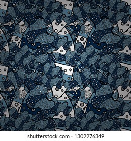 Vector illustration. Elements blue, black and white on colors. Cute fabric pattern. Seamless Print. Flat doodles. Design.