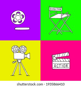 Vector illustration with elements of cinema on bright squares.