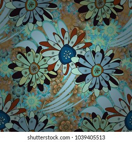 Vector illustration. Elements to create design patterns, ornament, backgrounds, wallpaper, textiles. Beautiful bright abstract decorative black, green and blue flowers. Floral seamless texture.