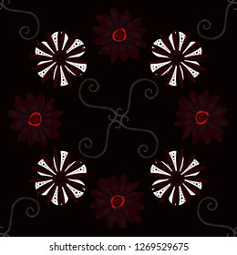 Vector illustration. Elements to create design patterns, ornament, backgrounds, wallpaper, textiles. Floral seamless texture. Beautiful bright abstract decorative black, brown and white flowers.