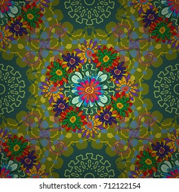 Vector illustration. Elements to create design patterns, ornament, backgrounds, wallpaper, textiles. Beautiful bright abstract decorative yellow, green and blue flowers. Floral seamless texture.