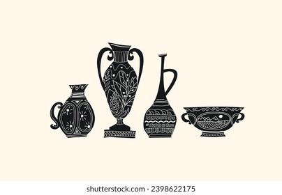 Vector illustration with elements of decorative monochrome vases with ornaments on a light background. A set of elements for the design of banners for stores with interior items. Scandinavian style