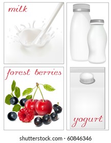 Vector illustration. Elements for design of packing milk dairy. Milky splash. Ripe berries.