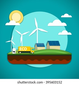 Vector illustration of the elements of the environmental technology such as wind power plant, solar battery and electric car which is preserving the environment