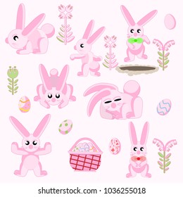 vector illustration elements for flat design set of pink Easter rabbits in different poses with Easter eggs