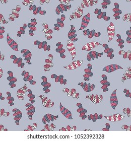 Vector illustration. Elements gray, pink and black on colors. Cute fabric pattern. Design. Flat doodles. Seamless Print.