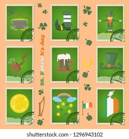 vector illustration elements of Irish design for St. Patricks day holiday, in the form of postage stamps, drawn in flat style