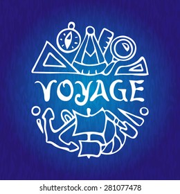 Vector illustration with elements of marine accessories on a dark blue background. Voyage. For cards, web, booklets.