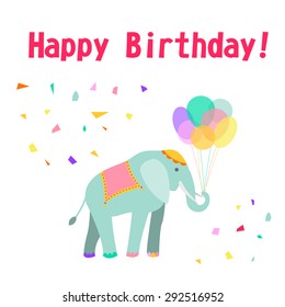 Vector illustration of elephant with air balloons and confetti. Birthday card.