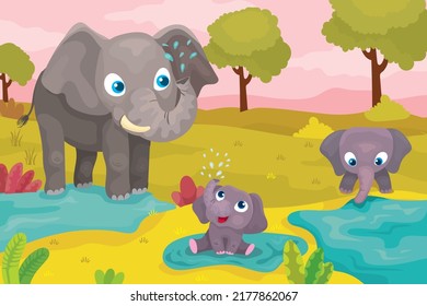 Vektorgrafik von Elefanten mit BabyElefanten in der Savanne bei einem Waterhole