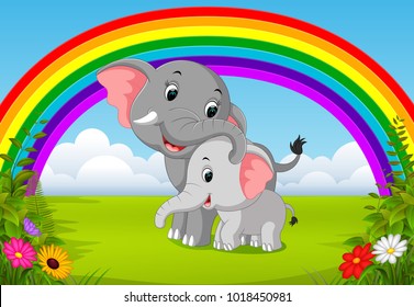 vector illustration of elephant and baby elephant at jungle with rainbow scene