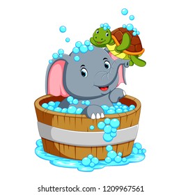 vector illustration of an elephant is bathing and playing with a turtle taht is very pleasant