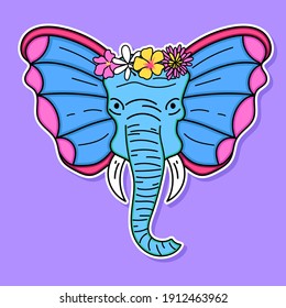 VECTOR ILLUSTRATION OF AN ELEPHANT WITH BUTTERFLY WINGS AS EARS, SLOGAN PRINT