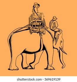 Vector illustration of an elephant carrying a woman on his back. Black linear image on an orange background.
