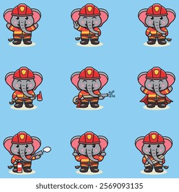 Vector Illustration of Elephant cartoon with Firefighter costume. Set of cute Elephant characters.