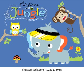 Vector illustration of elephant cartoon wearing hat, monkey and owl on tree branches